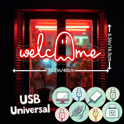 Welcome Ghouls Neon Sign, Spooky Ghost LED Halloween Decor, Haunted House Entryway Light, Available Gothic Haunted Mansion Light for Bedroom Bar Cave Room Decor Party Home-Red