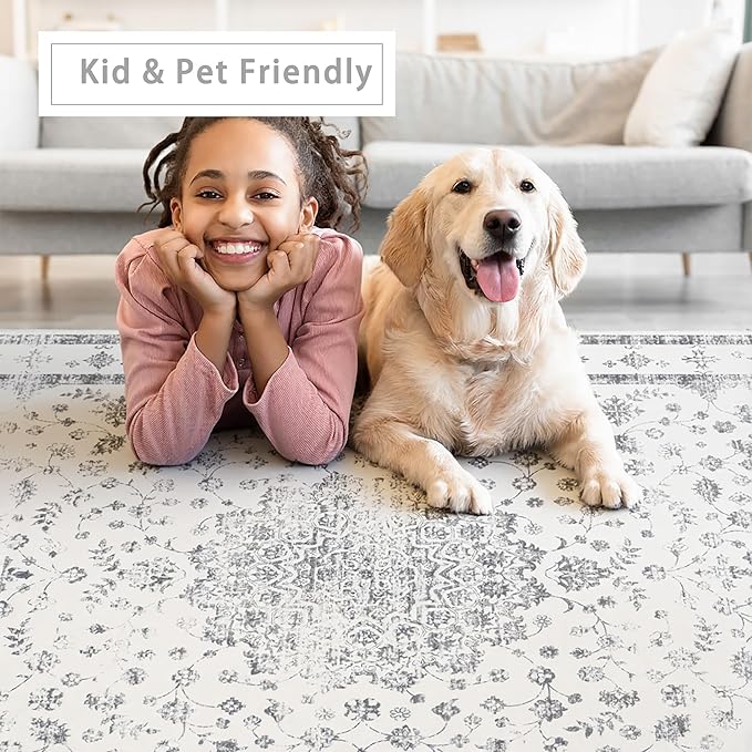 Washable Rugs 8x10 Area Rugs for Living Room,Rugs for Bedroom,Large Carpets,Ultra Soft Faux Wool Retro Dining Room Rug,Non Slip&Non-Shedding Low Pile Vintage Print Rug for Home Office-Grey