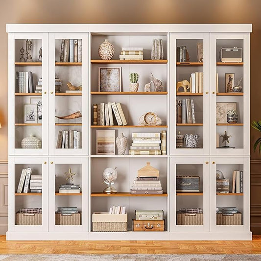 Vyre 70.8" Tall Farmhouse Bookshelf with Glass Doors, Modular Bookcase with 6-Tier Adjustable Shelves, Large Storage Cabinet for Kitchen, Living Room, White, Set of 3
