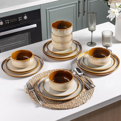 LERATIO Ceramic Dinnerware Sets for 8,Plates and Bowls Sets,Reactive Glaze Dishes Set,Highly Chip and Crack Resistant | Dishwasher & Microwave & Oven Safe Dishes set,Service for 8-Kahki (24pc)