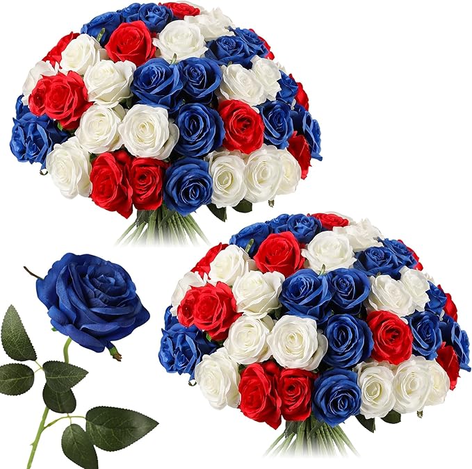 Nubry 50pcs Artificial Silk Roses Bulk,Fake Roses Flower with Stems Realistic Flowers for Wedding Centerpiece Home Party Decor(Red,White,Blue)