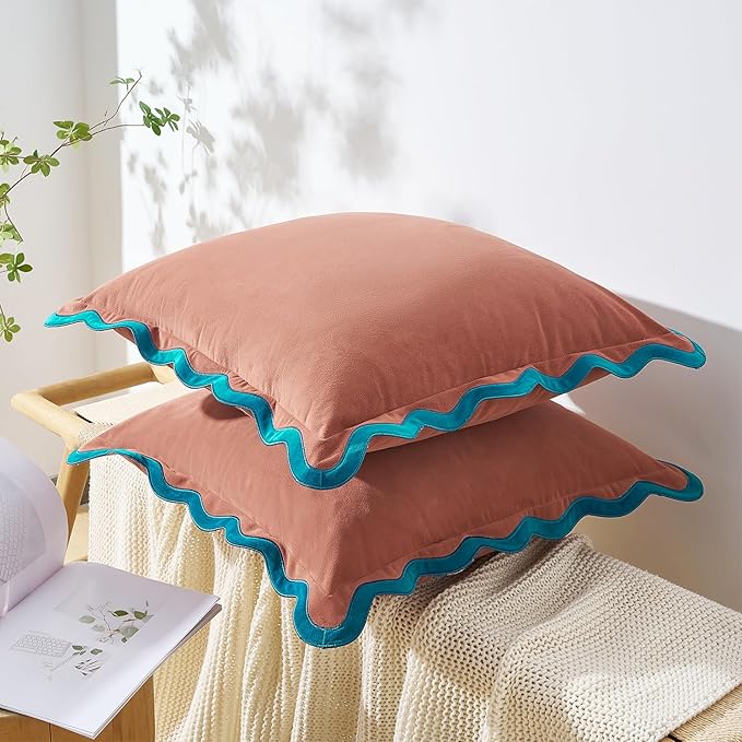 MONDAY MOOSE Decorative Throw Pillow Covers Cushion Cases, Set of 2 Soft Velvet Scalloped Wavy Edge Designs, Mix and Match for Home Decor, Pillow Inserts Not Included (Teal/Pink, 20x20 inch)