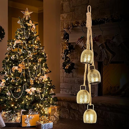 Styleonme Christmas Decoration Bells, Jute Rope Metal Decorative Cow Bells, Christmas Bells for Decoration, Brass Vintage Handmade Country-Style, 2025 Christmas Ornament