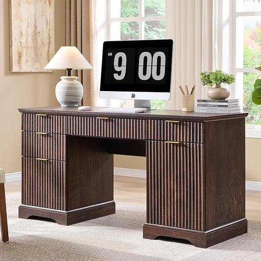JXQTLINGMU 58" Modern Executive Desk with Storage, Wood Home Office Desk with 5 Drawers & 1 Cabinet, Fluted Computer Writing Desk for Study, Living Room, Bedroom, Dark Walnut