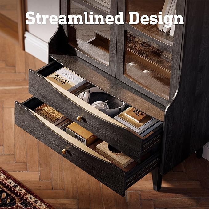 STO'SENSE 73" Tall Arched Bookshelf with LED Lights,4-Tier Modern Farmhouse Arched Bookcase with Glass Doors and Shelves,Wooden Display Cabinet with 2 Drawers for Living Room, Dining Room (Black)