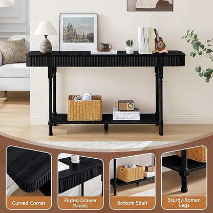 63'' Fluted Console Table with 2 Drawers, 2-Tier Long Entryway Tables with Open Storage, Wooden Narrow Sofa Table Behind Couch, Foyer Accent Table for Living Room, Hallway, Entrance (Black)