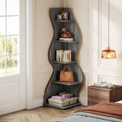 Tribesigns Wavy Corner Shelf, Modern 5-Tier Bookshelf Bookcase with Curvy Shape, Unique Plant Stand Display Rack for Living Room Small Space (Gray)