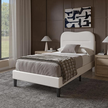 Twin Bed Frames with Headboard, Upholstered Bed Frame Twin, Teddy Soft Boucle Fabric Twin Size bedframes, Soft Cloud Marshmallow Shape Upholstered Headboard, No Box Spring Needed, Noise Free (White)