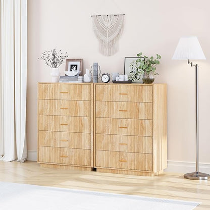 Fluted 5 Drawers Dresser for Bedroom, Wooden Tall Storage Dresser TV Stand, Curved Profile Modern Chest of Drawers, Wood Closet Clothes Storage Organizer for Living Room, Hallway, Natural 2 Sets