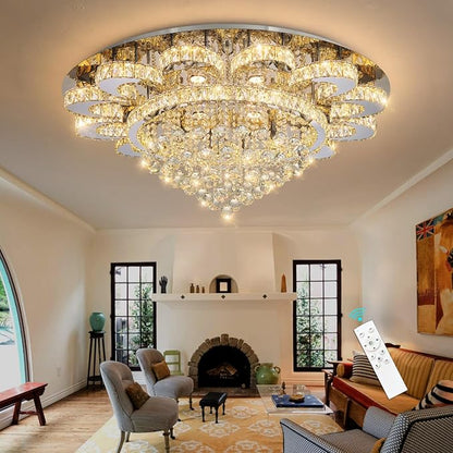Modern Chandelier Living Room Light Glam Chandeliers Ceiling Light Fixture Remote Dimmable Lights 40 Inches Luxury Crystal Silver Dining Room Lights