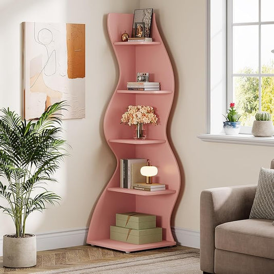 Tribesigns Wavy Corner Shelf, Modern 5-Tier Bookshelf Bookcase with Curvy Shape, Unique Plant Stand Display Rack for Living Room Small Space (Pink)
