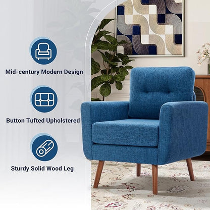 Tbfit Accent Chair, Reading Chair for Living Room & Bedroom, Mid Century Modern Arm Chair, Button Tufted Upholstered Accent Chairs Sofa with Solid Wood Frame (Blue)
