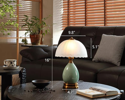 Vintage Lamp for Living Room,16" Modern Ceramic Table Lamps for Bedroom,Retro Bedside Nightstand Traditional Lamps, Classic Chinoiserie Green Lamp for Home Decor (LD001)