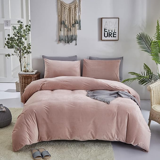 Pureant Pink Velvet Comforter Sets Twin Women Girls Blush Pink Fluffy Bedding Comforters Adults Teens Cute Dusty Pink Winter Quilts Solid Light Red Flannel Quilt Bean Pink Micromink Sherpa Plush Bed