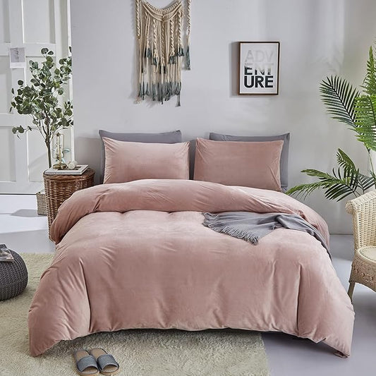 Pureant Pink Velvet Comforter Sets Twin Women Girls Blush Pink Fluffy Bedding Comforters Adults Teens Cute Dusty Pink Winter Quilts Solid Light Red Flannel Quilt Bean Pink Micromink Sherpa Plush Bed