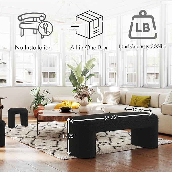 3-Pieces Modern Upholstered Ottoman Waterfall Bench for Bedroom End of Bed Accent Chair, 53" Sherpa Entryway Bench Sets, Comfy Indoor Narrow Window Bench Bed Stool Living Room Bedroom, Black