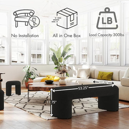 3-Pieces Modern Upholstered Ottoman Waterfall Bench for Bedroom End of Bed Accent Chair, 53" Sherpa Entryway Bench Sets, Comfy Indoor Narrow Window Bench Bed Stool Living Room Bedroom, Black