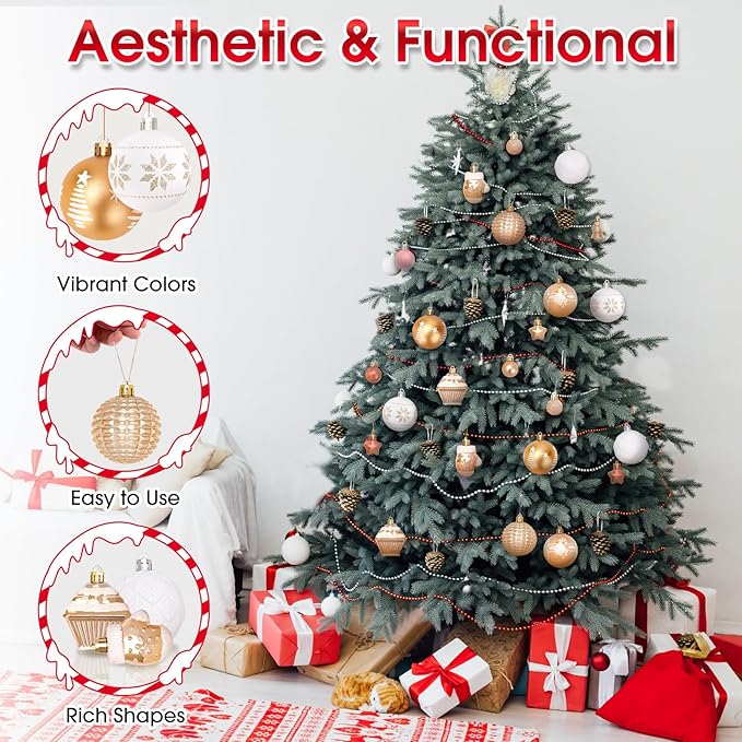 DeckTheHalls 42 Pcs Christmas Ornaments, Various Styles of Christmas Ball Ornaments, Shatterproof Christmas Balls for Holiday Xmas Tree Decor, Hanging Ornament for Indoor Decoration (Gold & White)