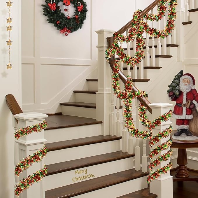 LEASEN 50 FT Christmas Tinsel Garland Metallic Tinsel Twist Garland Glitter Christmas Tree Decorations in Red, Green and Gold