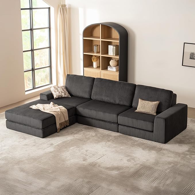 120.47‘’ Boneless Couch Cloud Modular Sectional Couches for Living Room, Oversize L-Shape Sofa with Deep Seat, Plush Corduroy 3-Seater with Ottoman, No Assembly Required