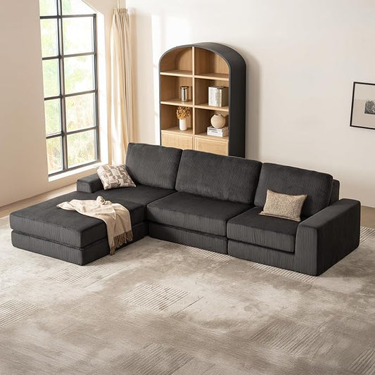 120.47‘’ Boneless Couch Cloud Modular Sectional Couches for Living Room, Oversize L-Shape Sofa with Deep Seat, Plush Corduroy 3-Seater with Ottoman, No Assembly Required