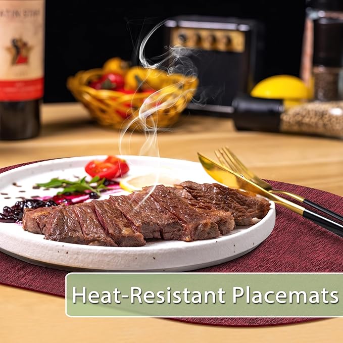 Placemats for Dining Table Set of 4 Non-Slip, Heat Resistant Oval Leather Placemat Double Layer, Waterproof Table Mats Easy to Clean for Kitchen Dining Room Coffee Office Table, Wine Red