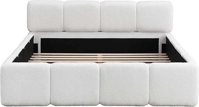 Christopher Knight Home Hazel Queen Size Platform Bed, Boucle Thick Headboard and Footboard, Upholstery Grounded Beds, Block Style, Wood Slat Panel Support, No Spring Box Needed, Easy Assembly, White