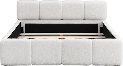 Christopher Knight Home Hazel Queen Size Platform Bed, Boucle Thick Headboard and Footboard, Upholstery Grounded Beds, Block Style, Wood Slat Panel Support, No Spring Box Needed, Easy Assembly, White