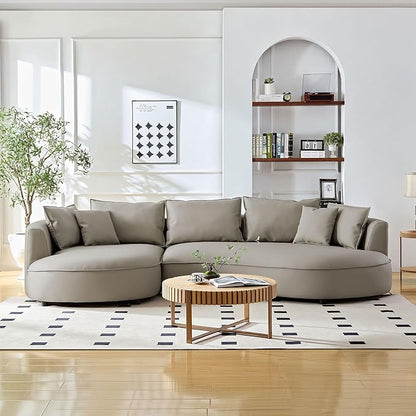 WILLIAMSPACE 124.8" Leather Curved Sofa Couch, Modern Upholstery Luxury Sofa with Pillows, Left Hand Facing Sectional Couch for Living Room (Left-Facing,Light Grey Leather)