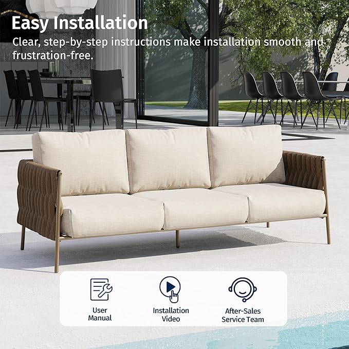 EAST OAK Life Chatter Outdoor Patio Furniture | Outdoor Seating 3 Seats with Waterproof Thick Cushions | Deep Seating Modern Patio for Garden, Porch, Balcony & Backyard | Chestnut & Apricot