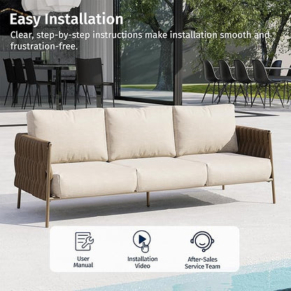 EAST OAK Life Chatter Outdoor Patio Furniture | Outdoor Seating 3 Seats with Waterproof Thick Cushions | Deep Seating Modern Patio for Garden, Porch, Balcony & Backyard | Chestnut & Apricot
