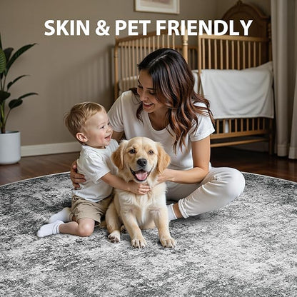 Round Rug 6ft Circle Rug Washable: Carpet Small Circular Area Rug for Entryway Kitchen Bedroom Dining Room Living Room 6 Feet Abstract College Dorm Non Slip Low Pile Black Grey