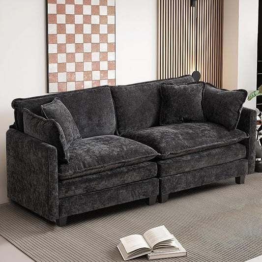 SoarFlash 71.6" Chenille Sectional Sofa, Comfy Modular Loveseat Sofa, Modern 2-Seat Couch Deep Seat Sofa Set for Living Room,Black