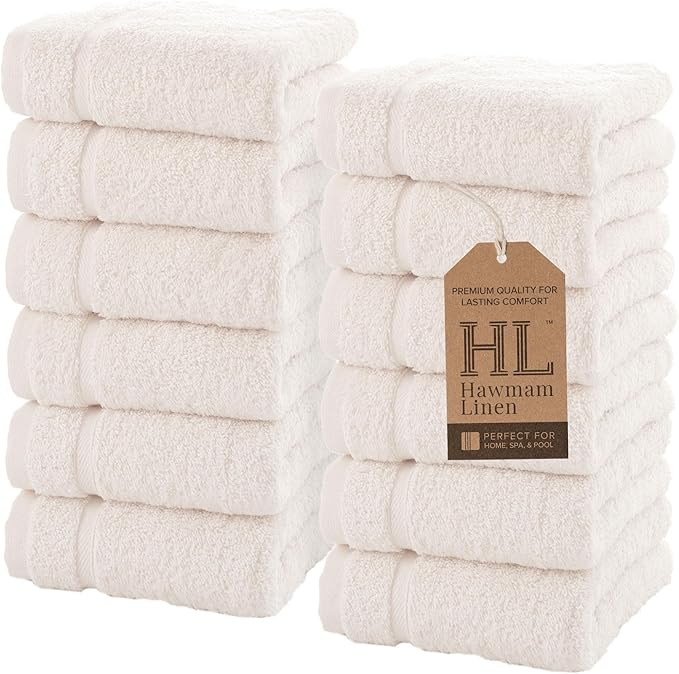 Hawmam Linen Luxury Cotton Washcloths 13x13 Inch - Large Hotel Spa Bathroom Face Towel 12 Pack, Sea Salt