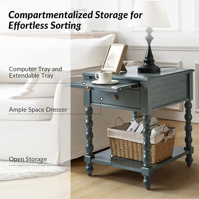 HULALA HOME Spindle Nightstands with Charging Station, Solid Wood Nightstand with Drawer Shelf, Side Table with Pull-Out Shelf (Blue)