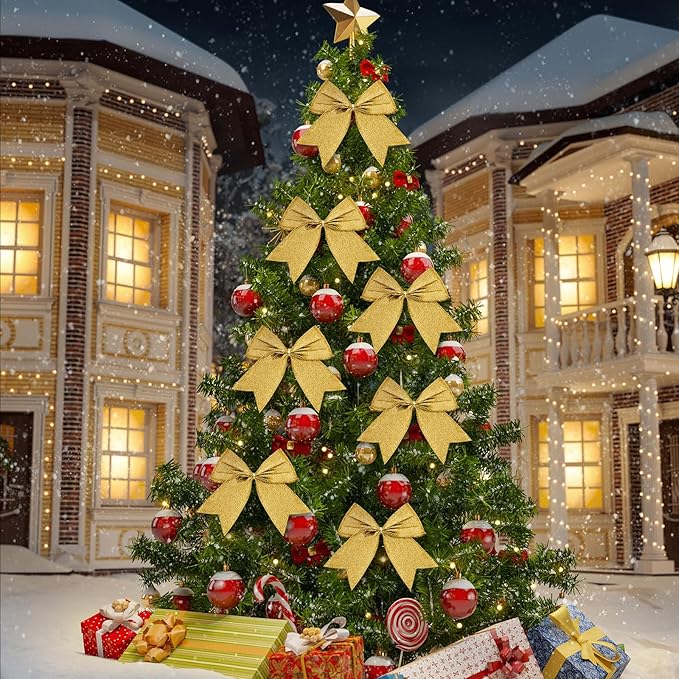 Cindeer 24 Pcs Gold Christmas Bow Decorations 6 x 6 Inches, Glitter Holiday Ornaments Sequin Ties Bows for Xmas Tree, Wreath, DIY Crafts, Gift Wrapping, Party Decor