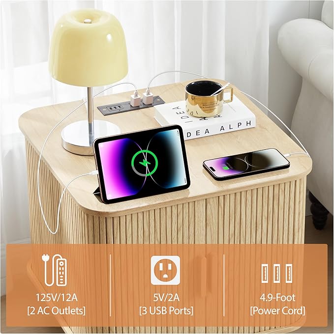 Nightstands Set of 2, 24 Inch Mid-Century Fluted EndTable with Charging Station, Farmhouse Wood Side Table with Storage & Sliding Door (2XSquare, Natural)