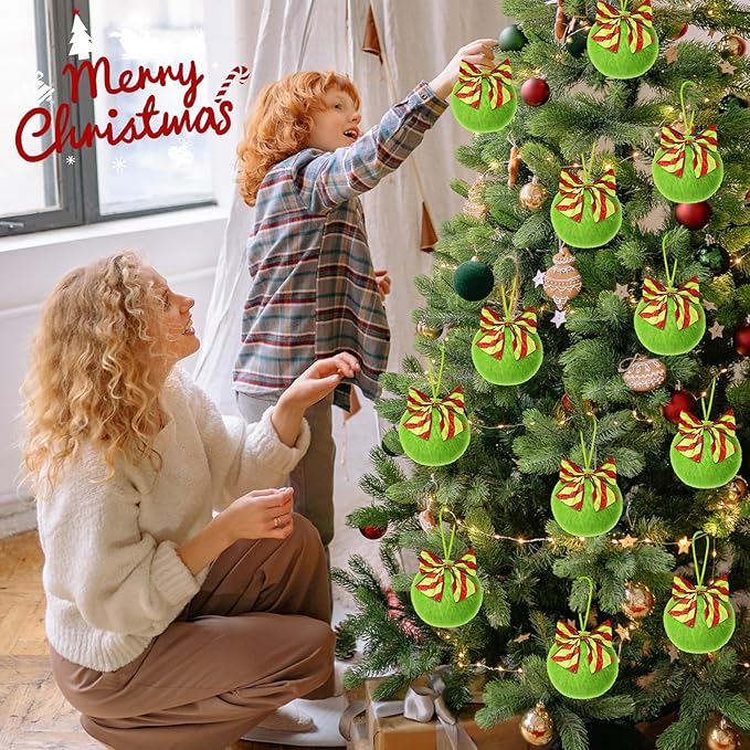24 Pcs Lime Green Furry Christmas Ball Ornaments，3.15 Inch Xmas Tree Green Christmas Hanging Decorations Soft Faux Fur Pom Pom Ball Ornaments for Home Party Supplies Fireplace Mantel Wall Decor