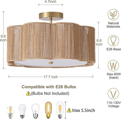 17.7" Rattan Flush Mount Ceiling Light, 3-Light Boho Close to Ceiling Light Fixtures, Rattan Bedroom Ceiling Light, Farmhouse Large Drum Chandelier for Dining Room, Kitchen, Hallway(Yellow)