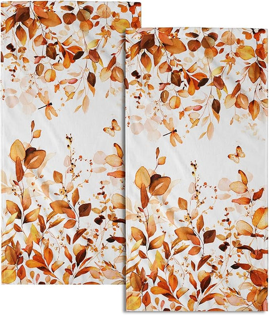 Orange Fall Hand Towels Set of 2 Eucalyptus Leaves Watercolor Butterfly Rustic Decorative Kitchen