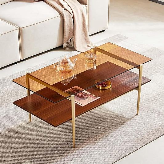 AGV LIGHTING Tadio Glass Coffee Table, Mid-Century Modern Coffee Table for Living Room, Gold Finish Leg, Coffee Brown Glass Top & Walnut Shelf, 41 in Length