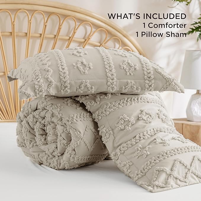Bedsure Tufted Boho Comforter Set Twin Size - Linen Boho Bed Set, GentleSoft™ 2 Pieces Farmhouse Shabby Chic Embroidery Bedding, Gifts for Woman, Soft Jacquard Twin Comforter for All Seasons