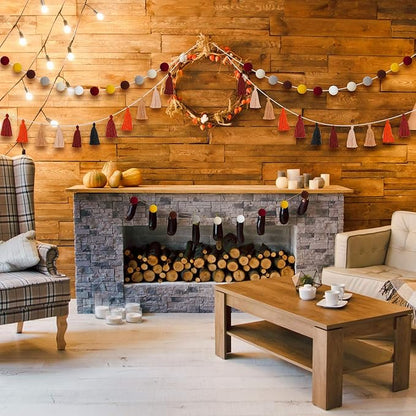 Syhood 4 Pcs Thanksgiving Christmas Pom Pom Tassel Garland Fall Felt Ball Banner Decorative Colorful Pompom Garland for Thanksgiving Autumn Xmas Theme Party Classroom Home Decor(Classic Colors)