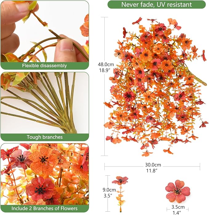 INQCMY Artificial Fall Flowers for Outdoors Fake Mums Hanging Flowers Plants 2Pcs UV Resistant Faux Flowers for Porch Patio Outdoor Decor Home Decor (Orange Autumn Red)