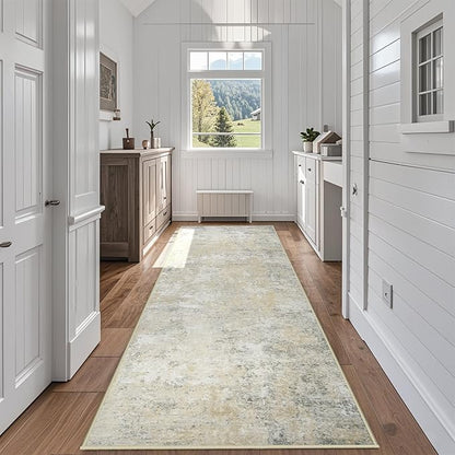 Runner Rug for Hallways Kitchen 2'6"x8' Washable Non Slip: Carpet Non Skid 8ft Entryway Rubber Backed 8 Feet Neutral Abstract Modern Rug Low Pile Pet Friendly Indoor Beige Grey