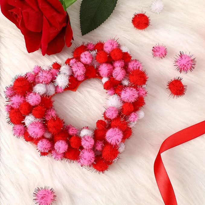 UPINS Valentine's Day Pom Poms Balls, 600 Pieces Pink Red Glitter Pom Poms Mixed Sizes Fluffy Pompoms for Crafts Making DIY Wedding Valentine's Day Party Decorations Supplies (3 Colors)