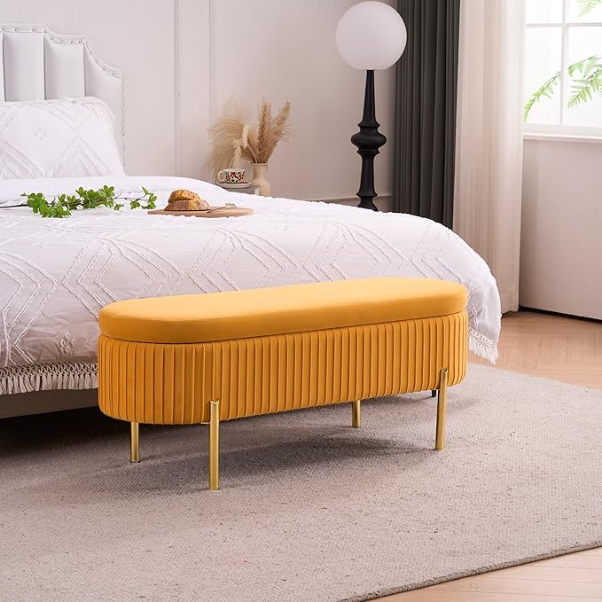 Velvet Storage Bench for Bedroom Upholstered End of Bed Bench Modern Ottoman with Gold Legs for Living Room/WindowEntryway (Mustard Yellow, Oval-45.5" W)