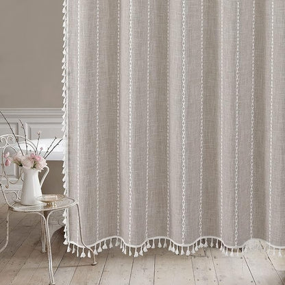 MitoVilla Boho Farmhouse Fabric Shower Curtain, Tan Brown Modern Polyester Linen Shower Curtains for Vintage Rustic Bathroom Decor, Country Tassel Thick Cloth Shower Curtain, Taupe, 72 x 72