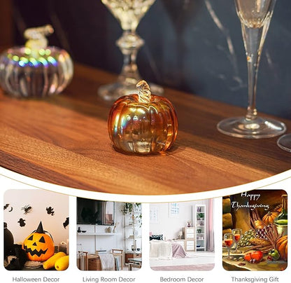 HDCRYSTALGIFTS 2.8inch Brown Striped Crystal Pumpkin Figurine Collectible Glass Pumpkins DecorTable Accent for Fall Harvest Decorating