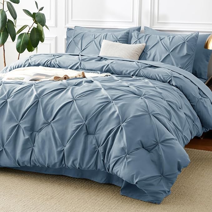 CozyLux Full Size Comforter Sets Mineral Blue, 7 Pieces Pintuck Bed in A Bag Blue Comforter Full Size, Pinch Pleat Bedding Sets with All Season Comforter, Flat Sheet, Fitted Sheet, Pillowcases & Shams